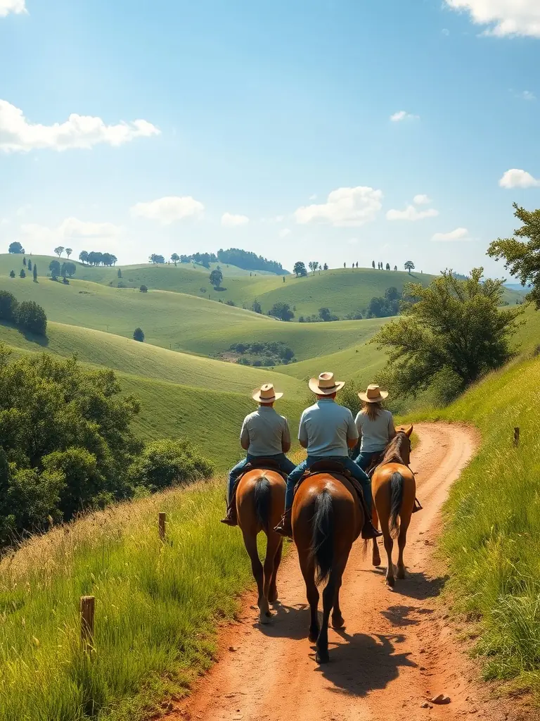 A scenic shot of riders on horseback enjoying a leisurely trail ride through the countryside, emphasizing the recreational aspect of western riding.
