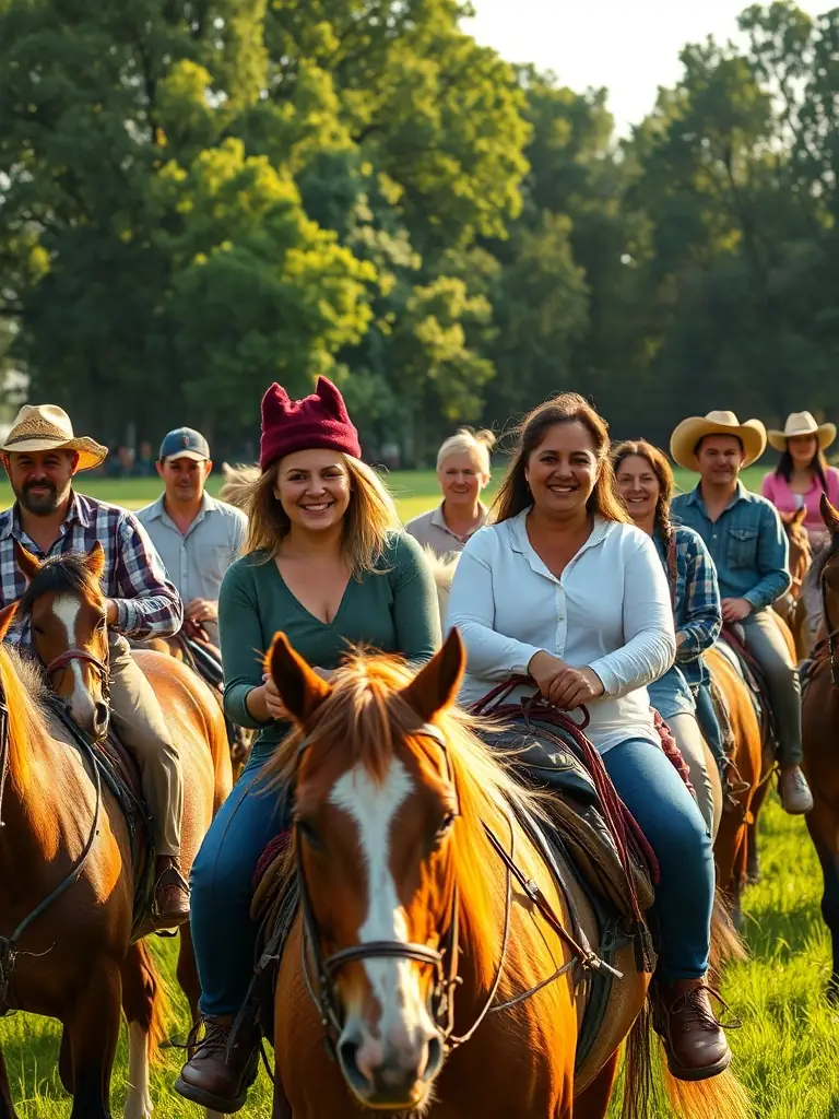 A vibrant image capturing a community trail ride organized by WESTERN ATTITUDE 19, showcasing riders of different ages and skill levels enjoying the scenic countryside.