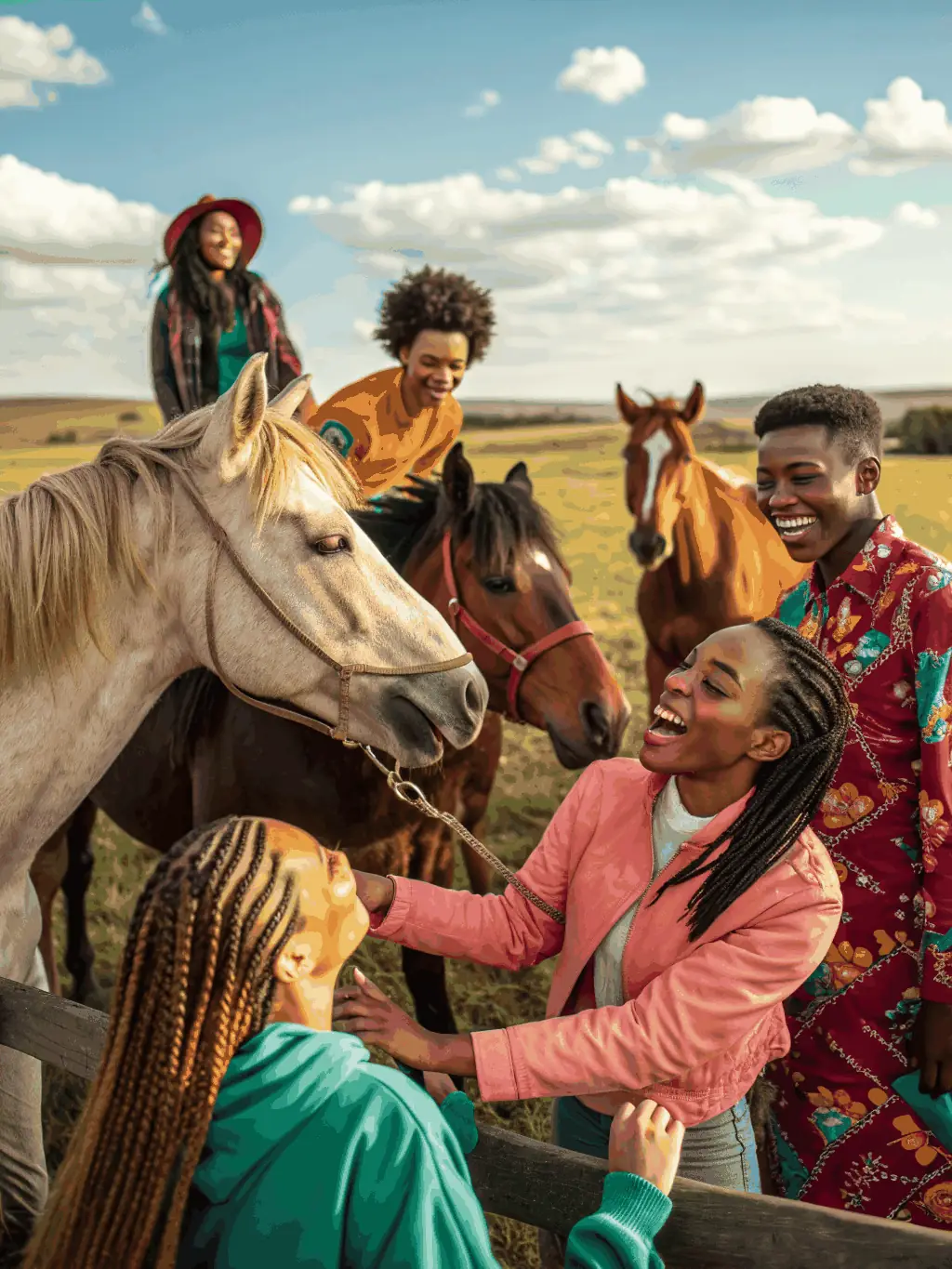 A diverse group of riders of different ages and backgrounds participating in a western riding clinic, demonstrating inclusivity and community spirit.