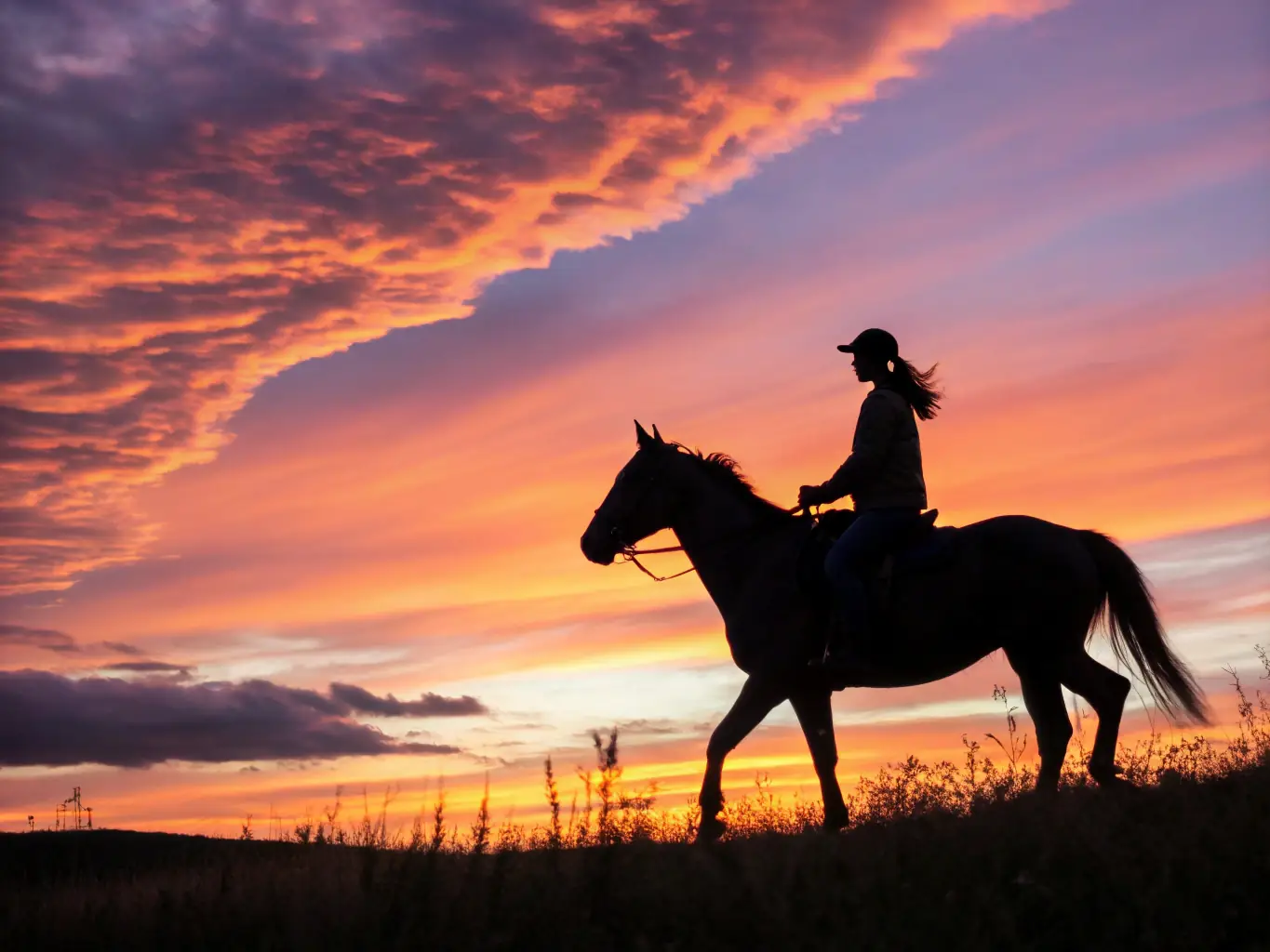 A group of riders on horseback, silhouetted against a sunset, riding through a field, symbolizing community and shared passion.
