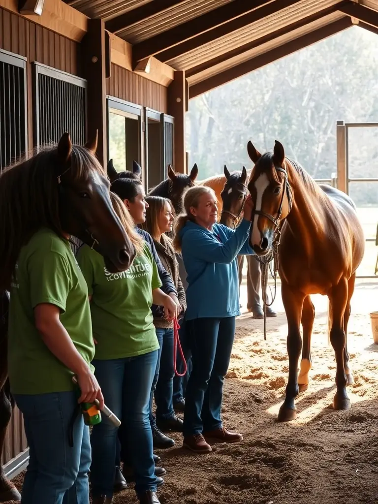 A heartwarming scene of volunteers and participants working together to care for horses at a community equestrian event, fostering a sense of camaraderie and support.